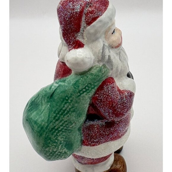 Vintage Santa Claus Christmas Tree Ornament with Glitter Accents Green Toy Sack - Picture 5 of 8